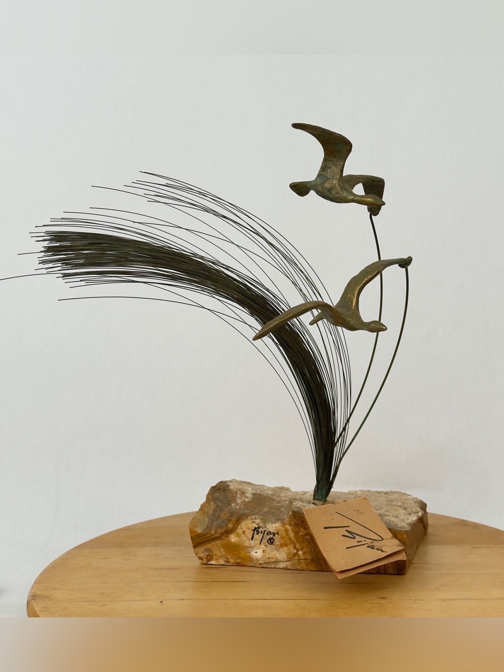 Vintage MCM Brutalist Bijan Bird In Flight Metal Sculpture On Natural Rock Base